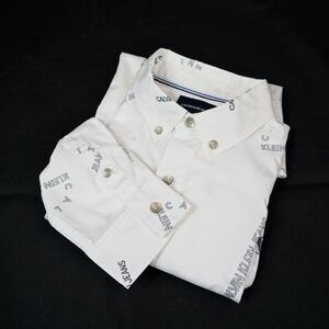 Calvin Klein Jeans All Over Print Dress Shirt Boys Button Up White Sz M Flaw